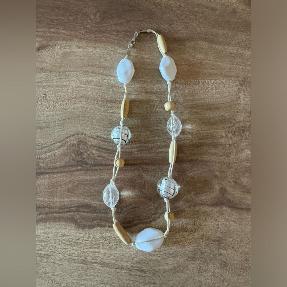 Beachy Rope Necklace Tan & White Acrylic Beads Clear Wooden Beaded Neutral